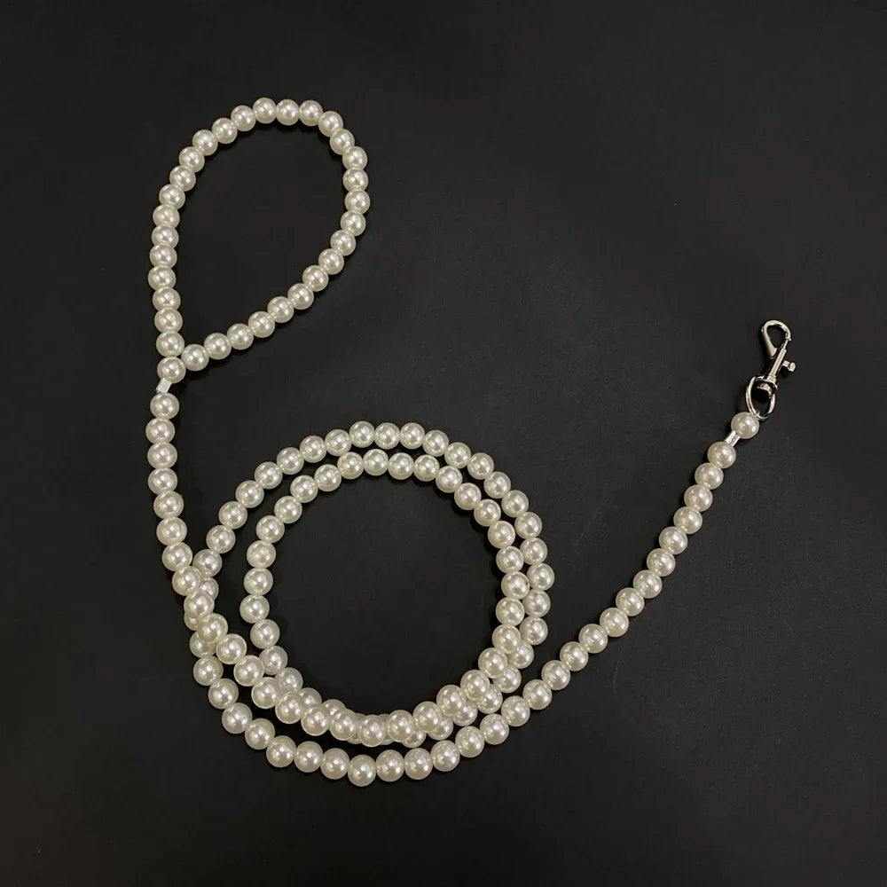 Luxury Pearl Dog Leash – Handmade Steel Wire Chain for Small Dogs & Cats